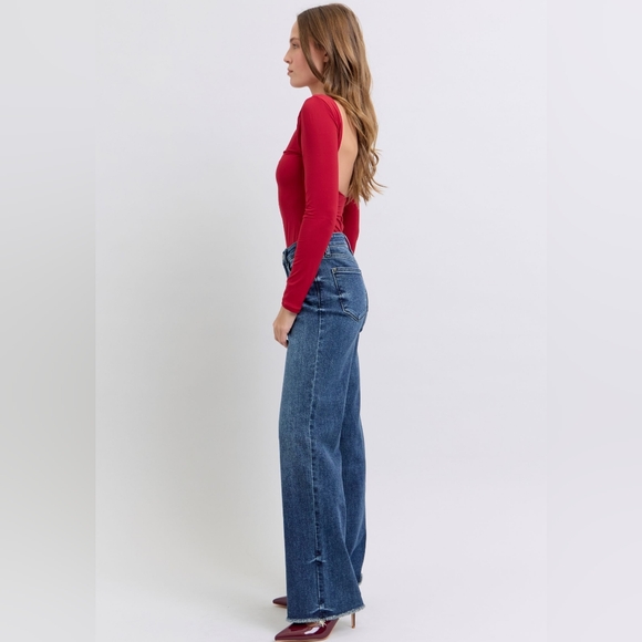 Judy Blue Mid-Rise Straight Leg Boyfriend Relaxed Jeans Raw Hem Denim Pants - Picture 2 of 16